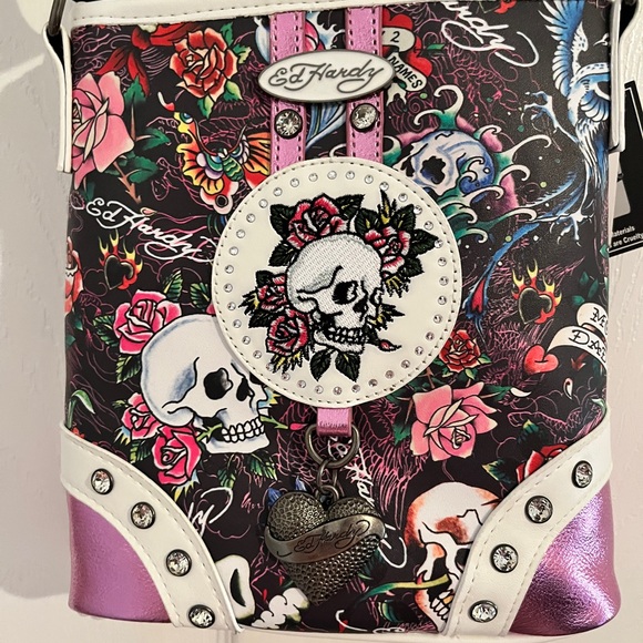 Ed Hardy Skull Rose Crossbody Bag Metallic Pink Vegan Leather NWT - Picture 2 of 12